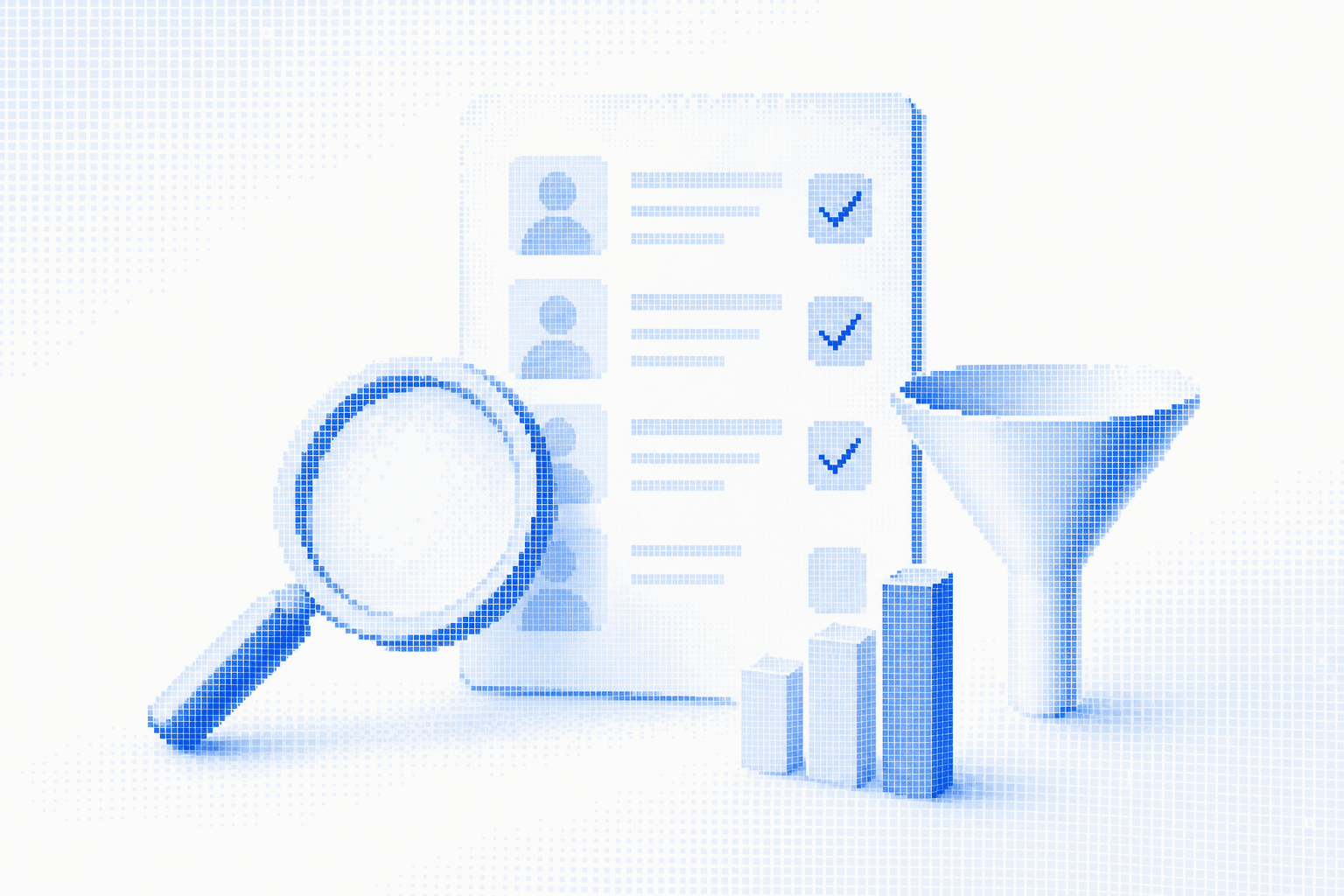 Magnifying glass and sorting tray turning profile cards into verified lead cards