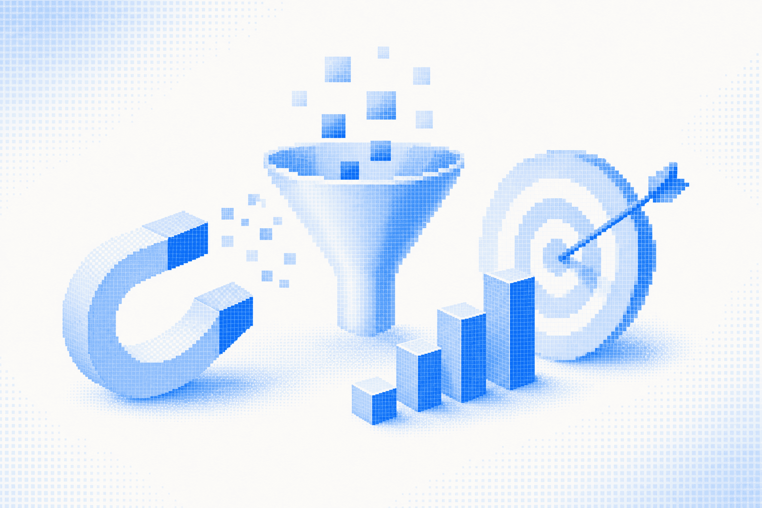 Sales pipeline funnel filtering business cards into qualified buyer profiles